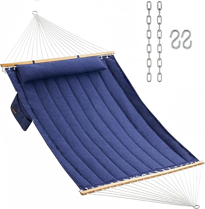 Double Quilted Fabric Hammock with Hardwood Spreader Bars and Pillow 450 LBS Capacity 2 Person Large Hammock for Outdoor Patio Backyard Poolside - Dark Blue