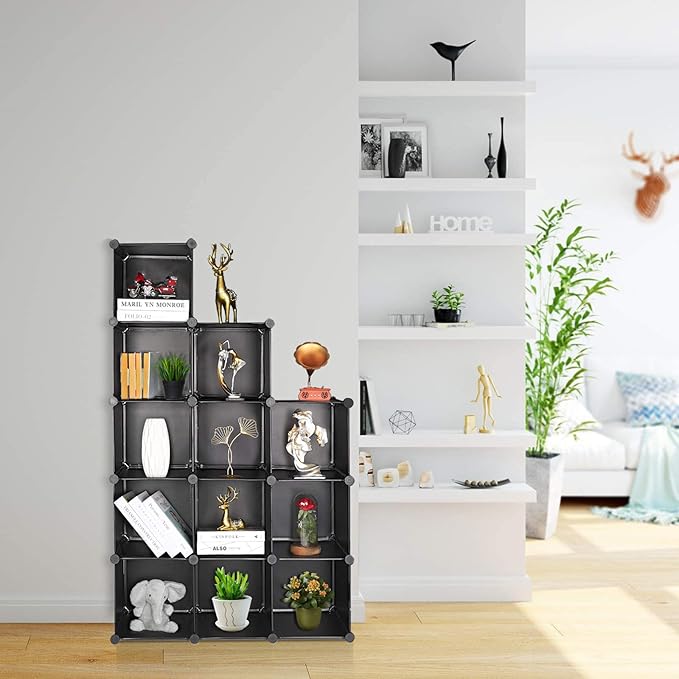 TUMUCUTE Cube Storage Organizer, 12-Cube DIY Plastic Closet Cabinet Modular Bookcase, Storage Shelves for Bedroom Living Room, Office, Black