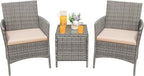 Greesum 3 Pieces Patio Furniture Sets Outdoor PE Rattan Wicker Chairs with Soft Cushion and Glass Coffee Table for Garden Backyard Porch Poolside, Gray and Beige