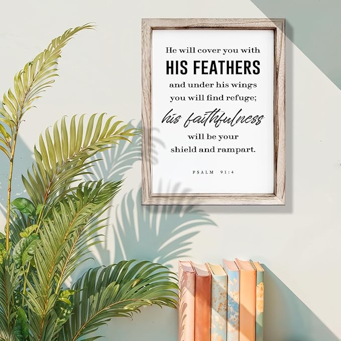 Christian Decor Signs, Framed Wall Plaque Sign 15 * 11.5 inches, Religious Home Decor, Inspirational Christian Gift for Him, He will Cover You with His Feathers Sign