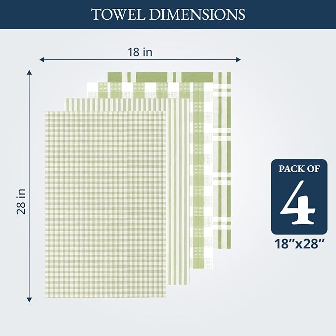 LANE LINEN Cotton Kitchen Towels Set, 4-Pack – Absorbent, Quick-Drying Dish Towels, 18" x 28" - Sage Green