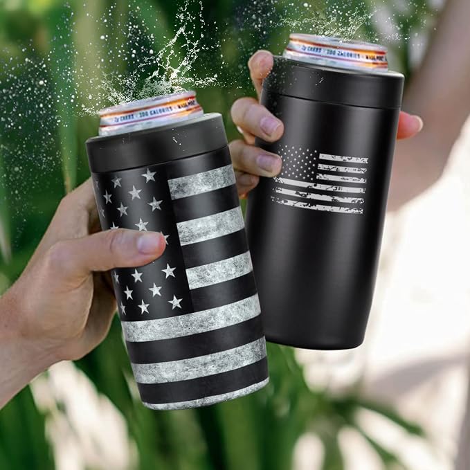 4-in-1 Slim Can Cooler Easy to Hold Insulated Beer Can Holder Double-walled Stainless Steel for All 12 Oz Cans (Black America Flag)