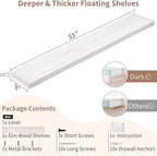 Floating Shelves for Wall, Rustic Elm Wood 56'' W x 8" D Wall Shelf with Invisible Bracket, Large Long Wall Mounted Storage Shelves for Living Room, Bedroom, Kitchen, Bathroom Decor, White Wash