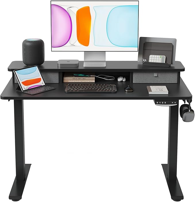 BANTI 40x24 Inch Electric Standing Desk with Double Drawers, Adjustable Height Stand Up Desk, Sit Stand Home Office Desk with Storage Shelf, Black Top