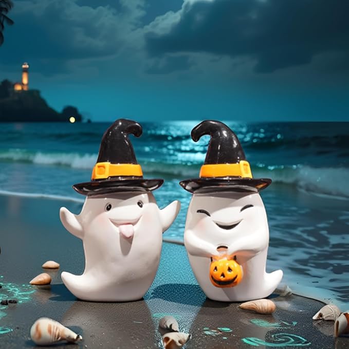 Halloween Decorations Ghost Statues Collectible-Figurines - Halloween Decor Indoor Cute Boo Ghost Sculpture Resin White Ghost With Black Hat Party Supplies Set of 2, 2.5*2*3.5 inch Newman House Studio