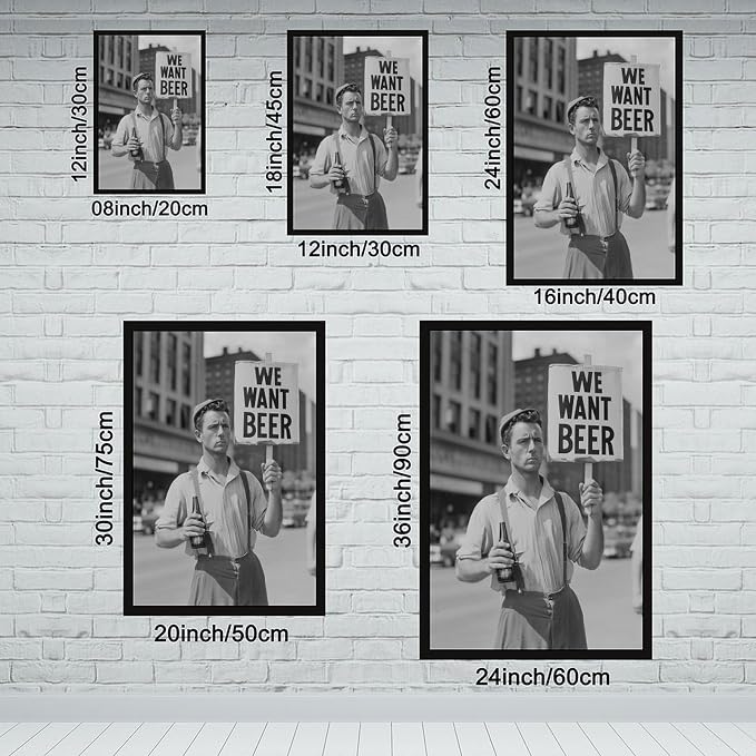 UXCBIA We Want Beer Protest, Black And White, Vintage Prohibition Art, Man Cave Poster Canvas Poster Bedroom Decor Sports Landscape Office Room Decor Gift Black Frame 12x18in(30x45cm)