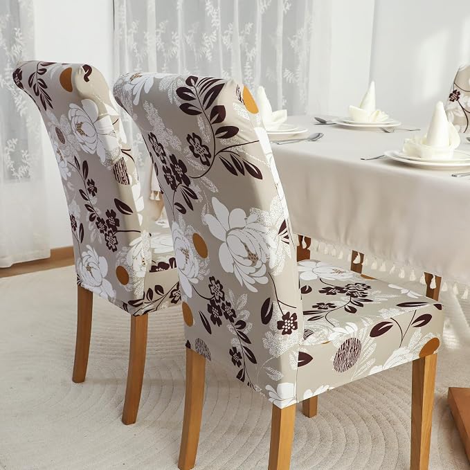 FORCHEER Chair Covers for Dining Chairs Set of 4,Beige Floral Stretch Dining Room Chair Cover Kitchen Parsons Chair Slipcovers (Pack of 4, Beige+Floral)