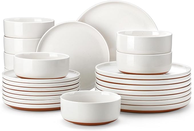 MALACASA Plates and Bowls Sets, 24 Pieces Modern Ceramic Dinnerware Set for 8 Kitchen Stoneware Dishes Dishware Set Microwave and Dishwasher Safe, White, Series TARA