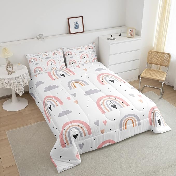 Rainbow Twin Bedding Sets For Girls, Kawaii Cloud Comforter Set 2 Pieces With 1 Pillow Case, Pink Love Heart Down Comforter For Kids Boys Women Adult, Hand Drawn Cartoon Rainbow Duvet Insert