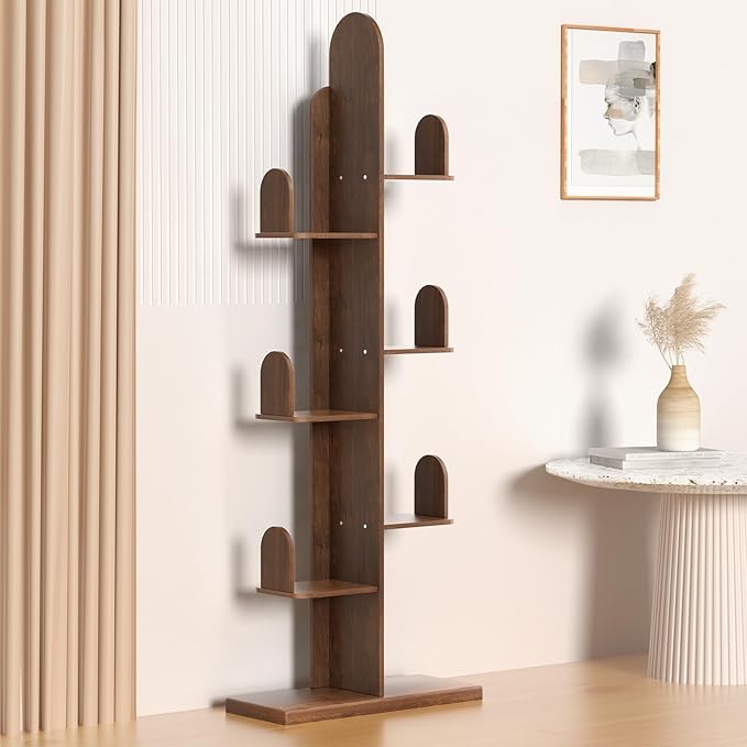 Cactus Bookshelf, Tree Bookshelf for Bedroom, Solid Wood Geometric Bookcase, Spine Bookshelf and Book Tower with Living Room, Walnut