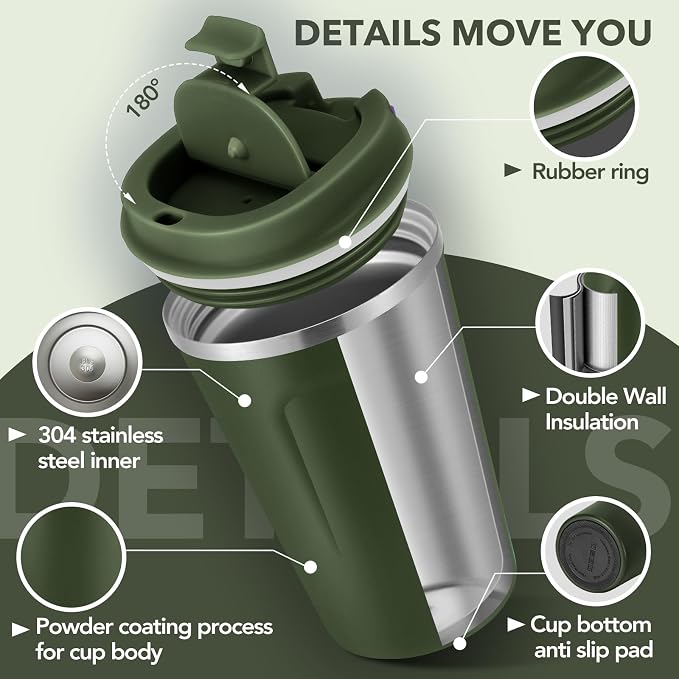 Volhoply 12 oz Double Wall Insulated Vacuum Travel Coffee Mug with Flip Lid,Reusable Stainless Steel Leak Proof Coffee Cup,Portable Cafe Thermal Tumbler Suitable for Hot&Cold Drinks(Army Green,1 Set)