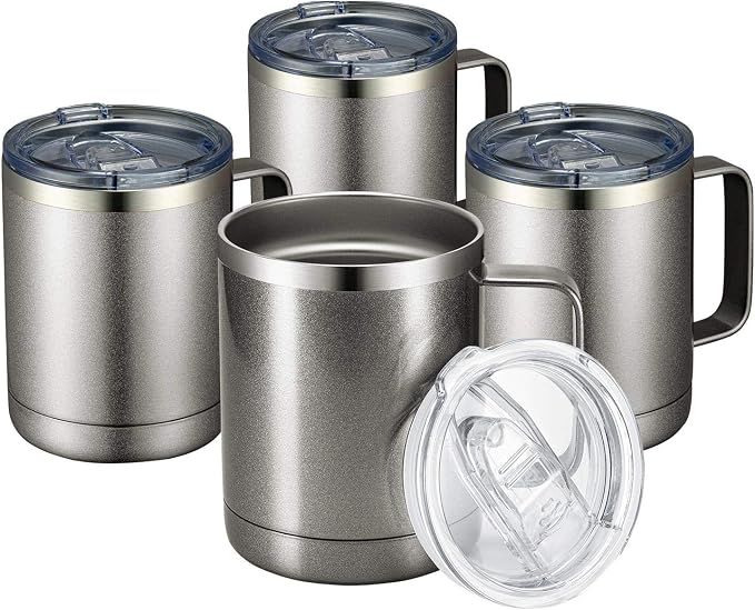 MEWAY 12oz Coffee Mug With Handle 4 Pack Bulk,Stainless Steel Insulated Travel Tumblers With Sliding Lid,Double Wall Vacuum Camping Cup for Hot & Cold Drinks Tea (Cold Grey,Set of 4)