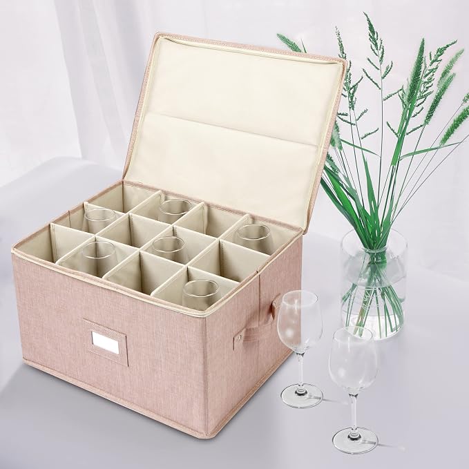 Wine Glass Storage Box, Stemware Storage Containers Cases with Dividers | Stackable Moving Supplies for 12 Wine Glasses, Drinkware , Glassware or Crystal, Hard Top and Stackable (Beige)