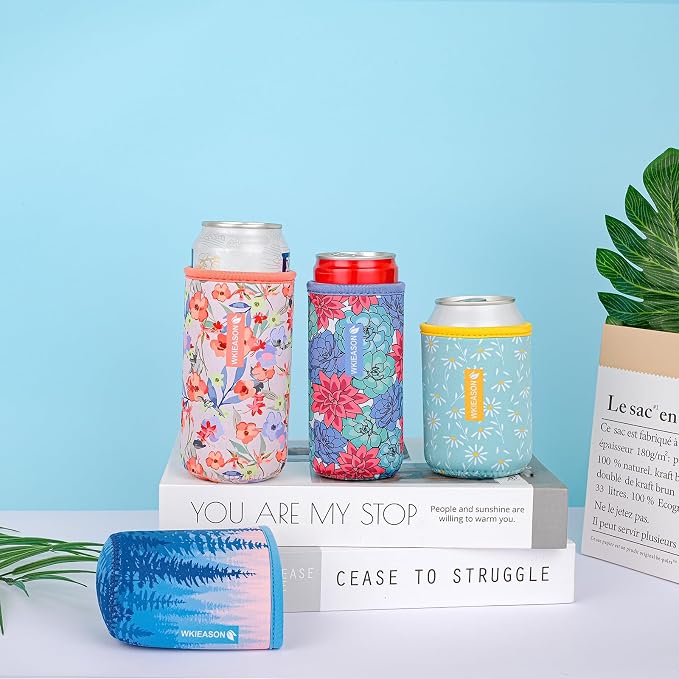 WKieason Neoprene Can Sleeves Insulators Beer Coozies 3 Size - 12OZ Standard Can Sleeve, 12OZ Slim Can Sleeve 16OZ Standard Can Sleeve, 12OZ Standard Beer Can Coolers Coolier Sleeves(Small Daisy Blue)