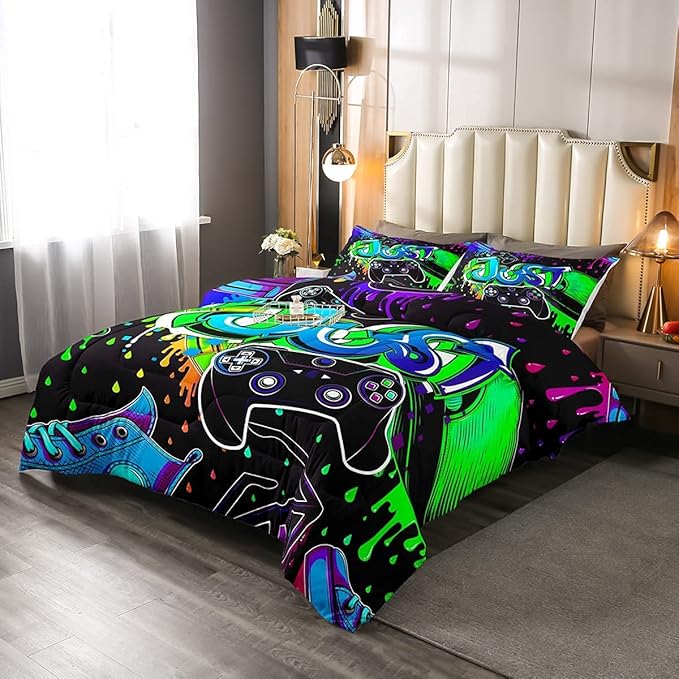 Erosebridal Boy Gaming Comforter Set King Size Gamepad Game Bedding Set Gamers Quilt Tie Dye Duvet Set for Kids Teens Hip Hop Quilt Set Cartoon Design Bedding, Colorful Comforter Set