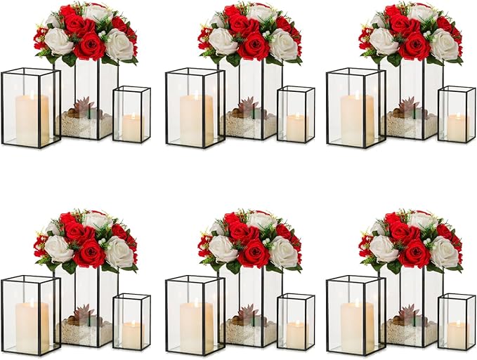 Glass Hurricane Candle Holder Large - Hewory 18pcs Black Rectangle Flower Holders Centerpiece for Table, Tall Floor Square Pillar Candle Lantern for Wedding, Anniversary, Party, Fireplace, Dining Room