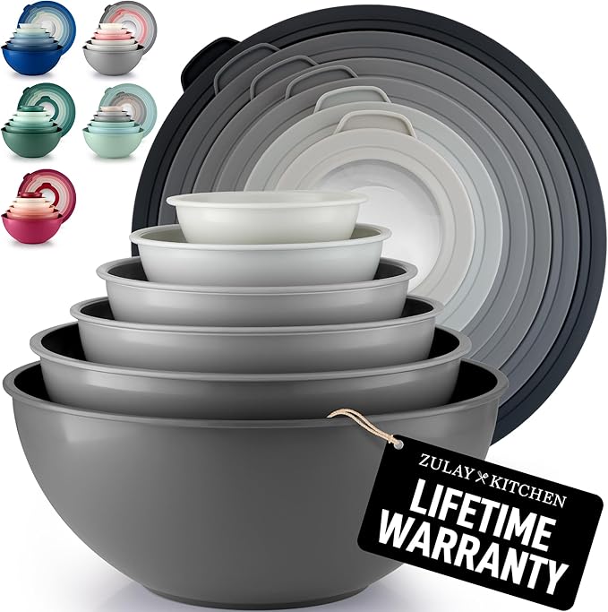 Zulay Kitchen 12 Piece Plastic Nesting Mixing Bowls with Lids - Colorful Microwave & Freezer Safe Gray Ombre Set