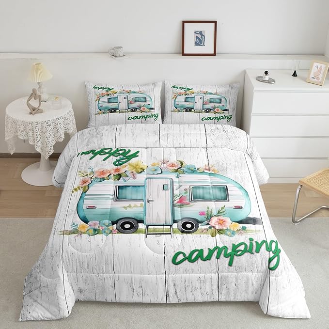 Girls Camper Comforter Set Camping Car Floral Down Comforter King Size Rustic Farmhouse Theme Bedding Set Camping Decor Retro Chic Flower Quilted Duvet Old Barn Door Vintage Wooden Style Duvet Set