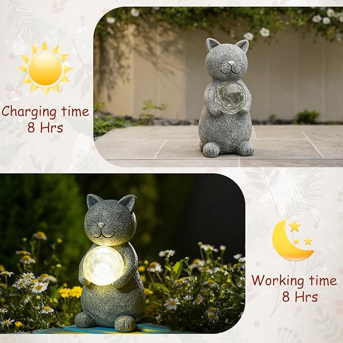 Solar Cat Statue Garden Decor - Cat Lover Gifts, with Gazing Solar LED Lights Ball Cats Decoration for Garden Yard Patio Lawn Balcony - Gifts for Mom Grandma (Gray)