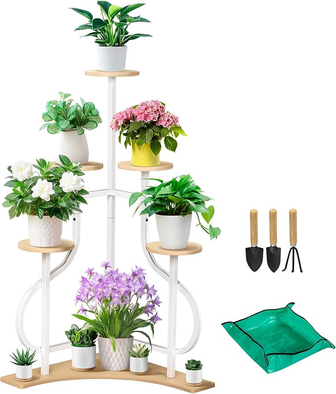 6-Tier Corner Plant Stand, Indoor Plant Stand with L-shaped Base, Aesthetic Metal Plants Shelf for Multiple Plants Flower Pot, MDF Outdoor Plant Holder for Patio Balcony (White)