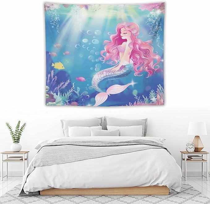 HZOHNAGO Mermaid Girls Tapestry Watercolor Mermaid Princess Pink Hair Pattern for Kids Room Decoration Printed Wall Tapestry Wall Hanging for Bedroom Living Room Dorm 60" W x 50" H
