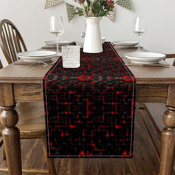 Feelyou Red and Black Table Runner 120x13 Inch Light Geometric Decorations Indoor Outdoor Party Supply Home Kitchen Dining Decor Dresser Scarfs Modern Style Home Decor for Living Room
