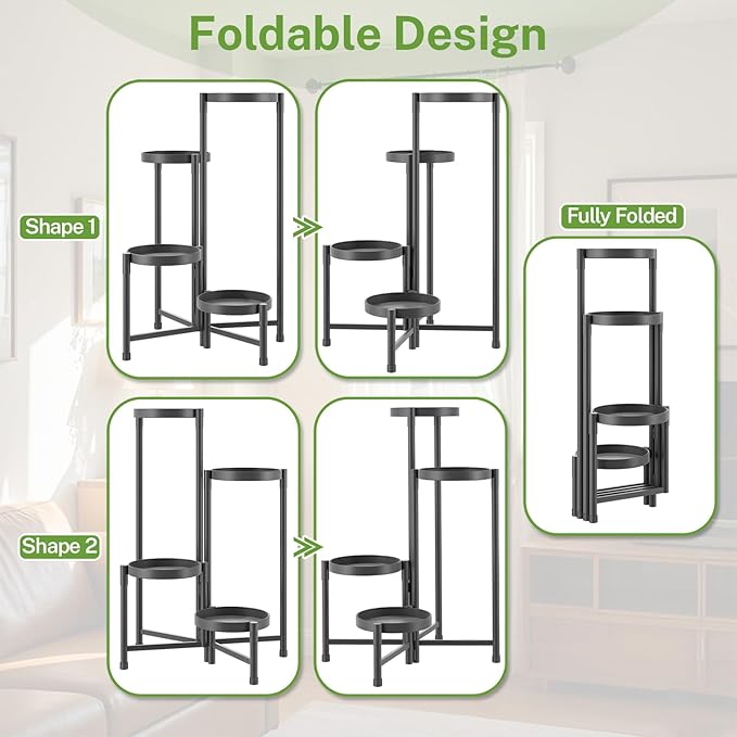 iDavosic.ly Plant Stand Indoor Outdoor, 4 Tier Corner Metal Flower Display Holder Shelf, Folding Tall Orchid Rack for Patio Balcony Porch Garden Living Room House, Black