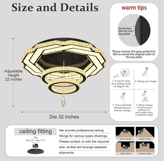 Flashing God Dia 32" Modern Crystal Chandelier Crystal Black Ceiling Light Fixtures LED Flush Mount Ceiling Light for Living Room Bedrooms Dining Room Dimmable 2700k- 6000k