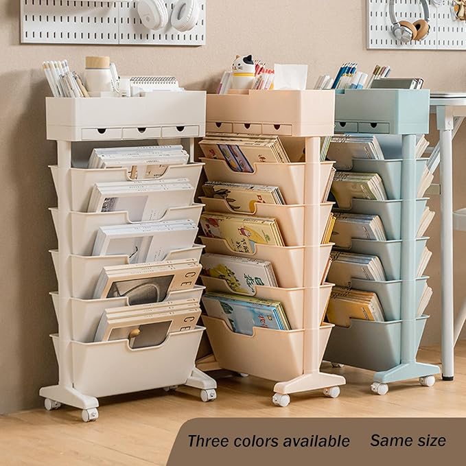 6 Tier Rolling Cart,Open Bookcase and Bookshelf,Mobile Bookshelf with Wheels 3 Drawer,Storage Shelving Display Shelves,Narrow Rolling Storage Cart for Living Room, Bedroom, Kitchen(Blue)