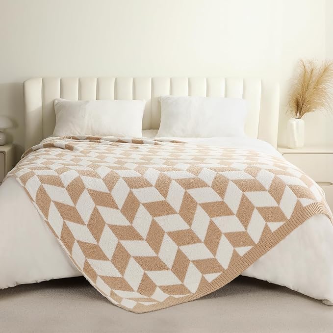 Snuggle Sac Beige Twin Size Blankets for Bed, Super Soft Warm Blankets Oversized Cozy Knit Fuzzy Blanket for Living Room, Chevron Beige,60x80 inches