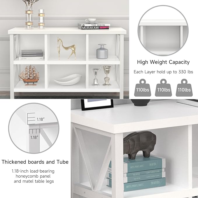 6 Cube Storage Organizer with Shelf, 3 Tier Metal and Wood Open Book Shelf, Long Wide Office Cubby Bookcase with Storage, Industrial Horizontal Bookshelf (White, 47 Inch)