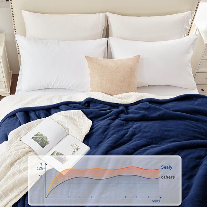 Sealy Electric Blanket Throw Size 50"*60",Super Cozy Flannel to Sherpa Reversible Heated Blanket Throw with 6 Heating Levels & 2-10 Hours Auto Off Overheating Protection Machine Washable,Navy