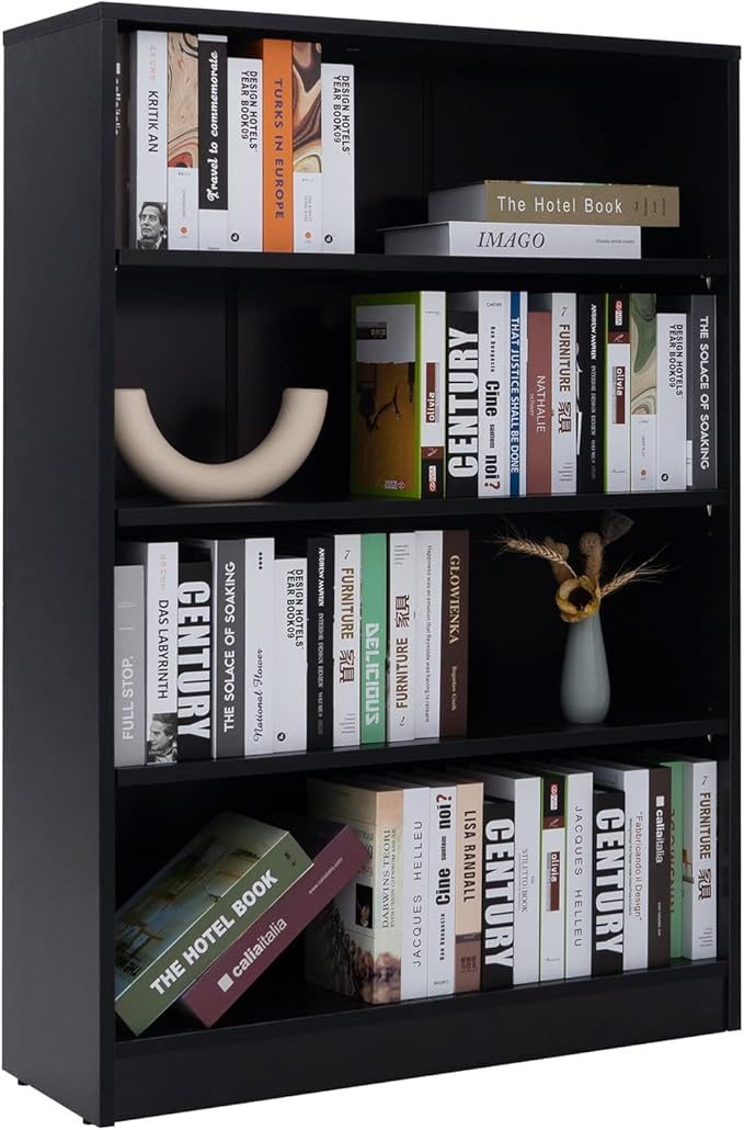 Farini Black Bookshelf for Bedroom 4 Shelf Office Bookcase 48 Inches Tall Modern Wood Bookshelf for Living Room 4 Tier Wide Manga Bookshelf Library Bookcase