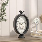 Vintage Table Clock with Bird, Desk and Shelf Decor Clock, French Paris Style, Antique Black Metal Mantel Clocks for Living Room, Farmhouse, Bedroom, Bedside, Gift (10" H x 5.9" W)