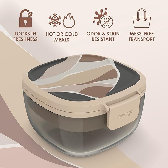 Bentgo Glass Prints All-in-One Salad Container - 61oz Tinted Glass Salad Bowl with Lid, Bento-Style Tray, Sauce Container, & Reusable Fork - Dishwasher & Microwave Safe (Inky Abstract - Neutrals)