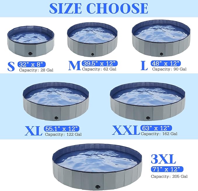 Foldable Dog Bath Swimming Pool 63'' Plastic Kiddie Pool Professional Tub Collapsible Grooming Bathtub for Pets Kids Baby and Toddler, 63 x 12 Inches Gray