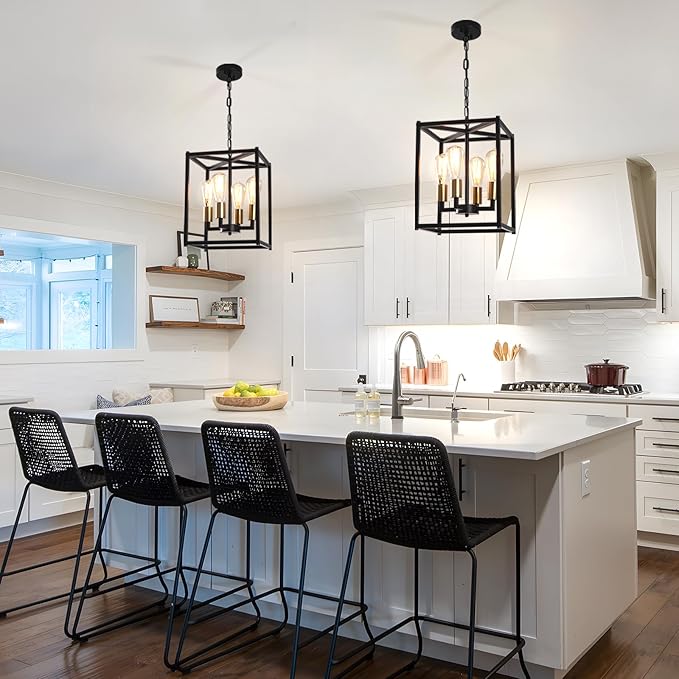 Lantern Pendant Light, 4-Light Gold Chandelier,Modernized Ceiling Hanging Light Fixture for Bedroom Kitchen Island Foyer Living Room Dining Room Hallway