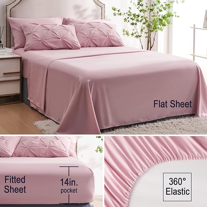 Ubauba 7pc Pink Queen Comforter Set, Pintuck Bed in a Bag Blush Bed Set with Comforters and Sheets 7 Piece, All Season Pinched Bedding Sets for Women (Pink,Queen Size)