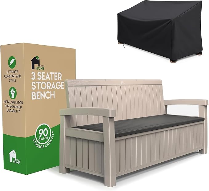 EconoHome 3 Seat Outdoor Storage Bench with Rain Cover - 90 Gallon Capacity - Weatherproof Resin Bench for Patio, Porch, Garden, Yard, Pool Area - Furniture for Pool Accessories, Gardening Tools