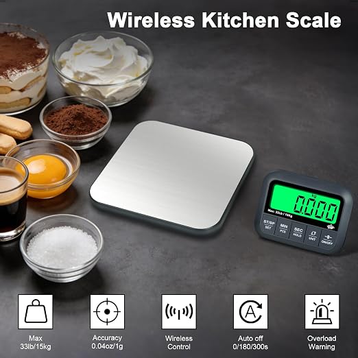 QP Wireless Food Scale, 33lb/0.04oz Digital Kitchen Scale, Meat Scale with Timer Function, 9 Units, Tare/Hold/PCS Function, Auto Off, LCD Display, Digital Food Scale for Cooking, Baking, Postage