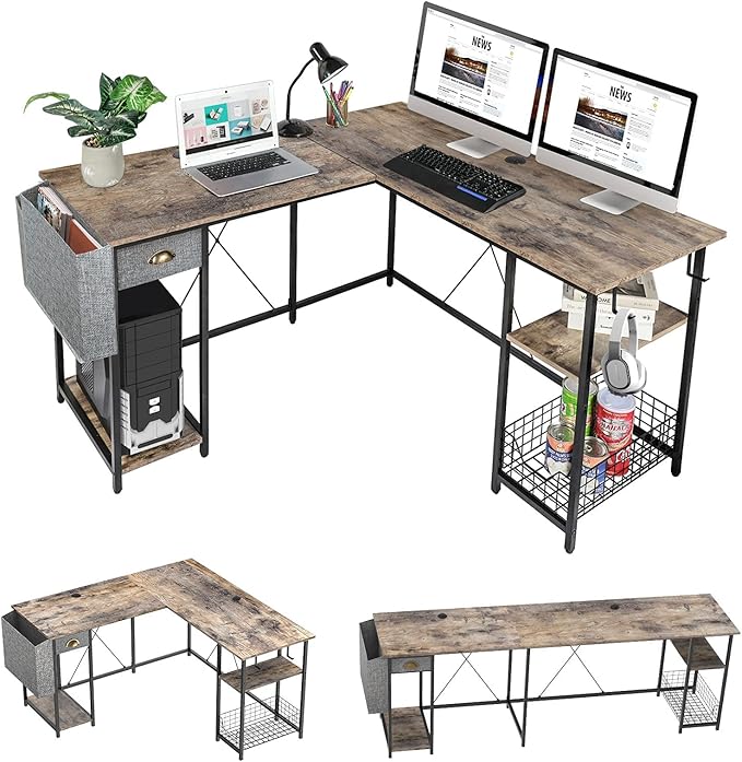 X-cosrack 2 Person Desk Large L-Shaped Computer Desk with Storage Shelves Drawer, Home Office Writing Corner Desk, Long Desk PC Laptop Workstation with Hooks Storage Bag Cable Hole