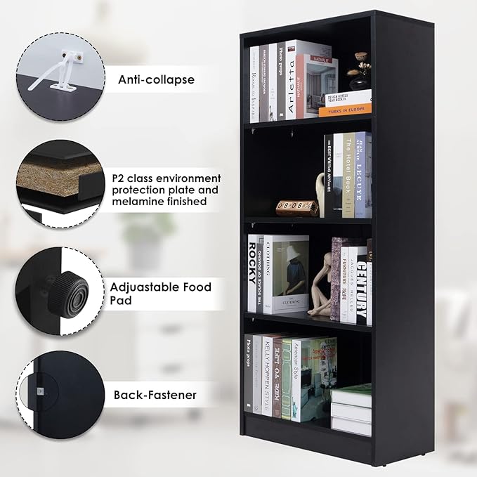 Sunon 4 Shelf Wood Bookcase Freestanding Display Shelf Adjustable Layers Bookshelf for Home Office Library Small Narrow Space (Black, 4-Layers)