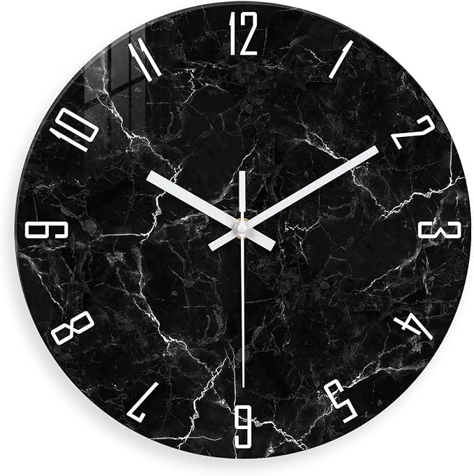 Marble Minimalist Wall Clock for Living Room Black Wall Clocks Battery Operated 20 Inch Big Glass Wall Clock Non Ticking