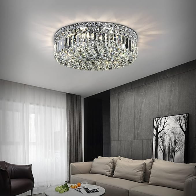 6-Lights Crystal Flush Mount Chandelier Light Fixture with K9 Crystals Modern Ceiling Lights Elegant Pendant Lamp for Bedroom,Hallway,Bar,Living Room,Dining Room,H5.9 xW20 (Bulbs Not Included)