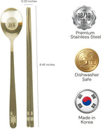 ONGI Korean Spoon and Chopsticks Set, Flat Korean Chopsticks, Premium 18/10 Stainless Steel, Turtle Symbol Design, Made in Korea, Dishwasher Safe, Meaningful Korean Gift (TT Gold 2 Set)