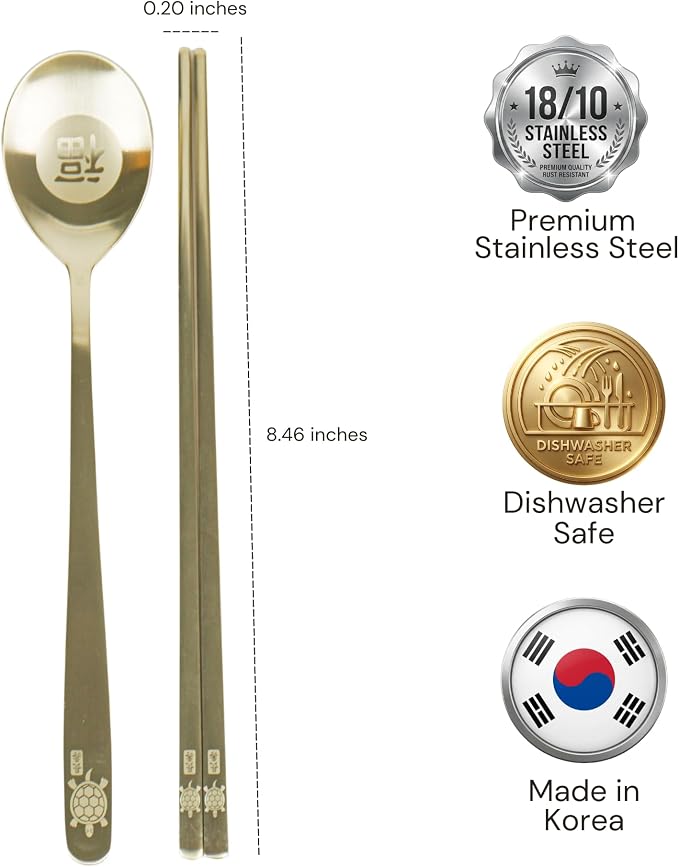 ONGI Korean Spoon and Chopsticks Set, Flat Korean Chopsticks, Premium 18/10 Stainless Steel, Turtle Symbol Design, Made in Korea, Dishwasher Safe, Meaningful Korean Gift (TT Gold 2 Set)