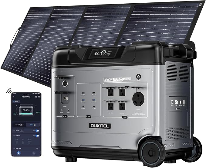 OUKITEL 5120Wh Large Capacity Solar Generator(2025 New),Portable Power Station P5000 Pro With 400W Solar Panel, 5 * 3600w AC Output (6000W Surge),1000W MPPT Solar for Emergency, Home Backup, Camping
