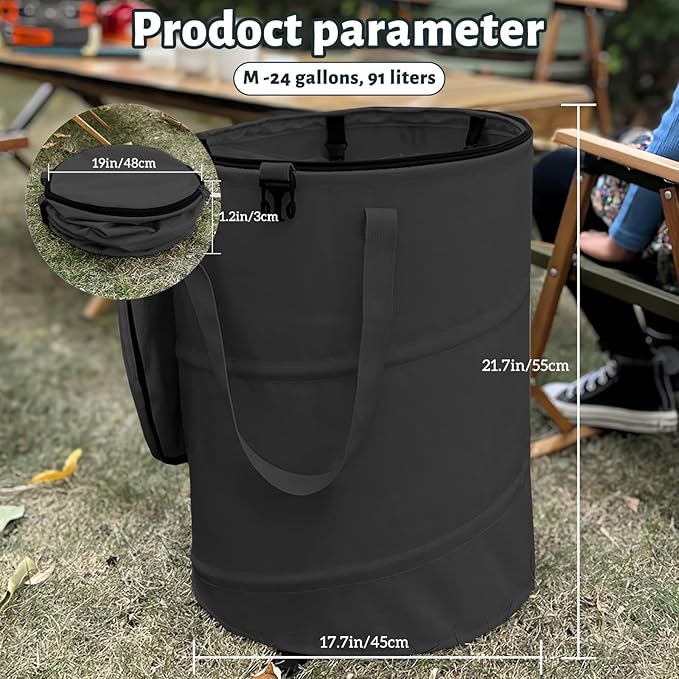 Pop up Camping Trash can with lid, 2-Pack Collapsible 24 Gallons Trash can with Sorting Clips, Garden Garbage Bag with Lid, Lawn and Leaf Bags - Reusable Yard Waste Bags (2Pcs-Black)
