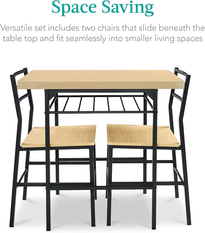 Best Choice Products 3-Piece Modern Dining Set, Space Saving Dinette for Kitchen, Dining Room, Small Space w/Steel Frame, Built-in Storage Rack - Natural/Black