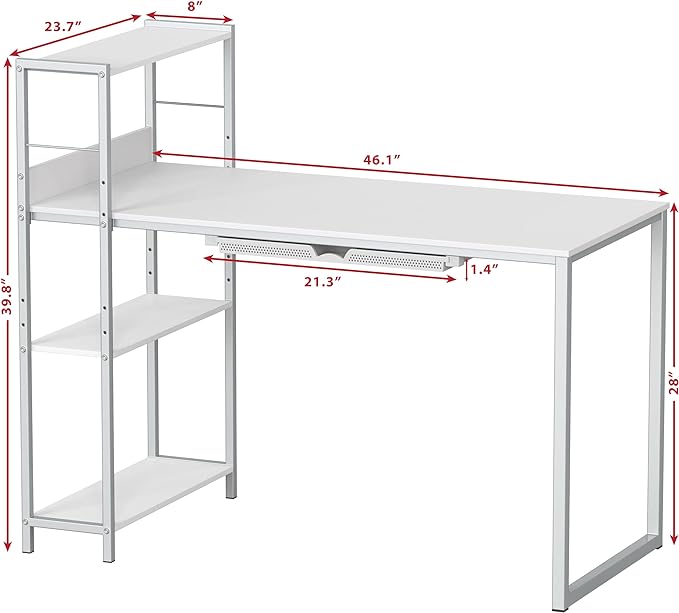 SHW 46-Inch Mission Desk with Side Shelf, 24" Deep, White